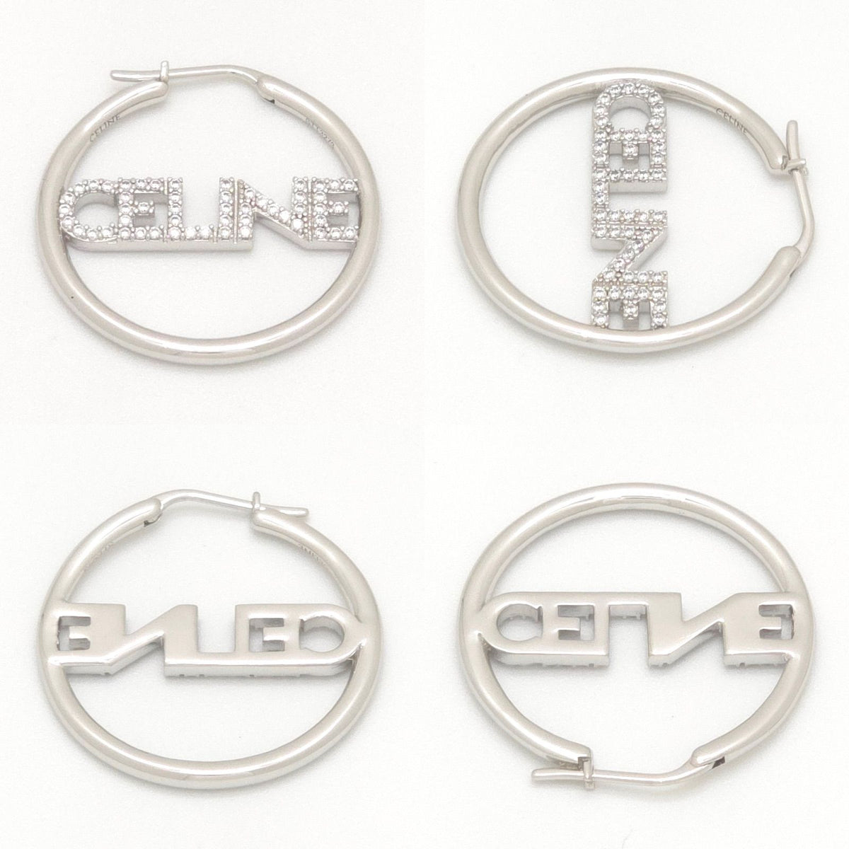 Celine Monochrome Strass Hoop Earrings Logo Crystal Rhodium Finish Brass Silver — view 4