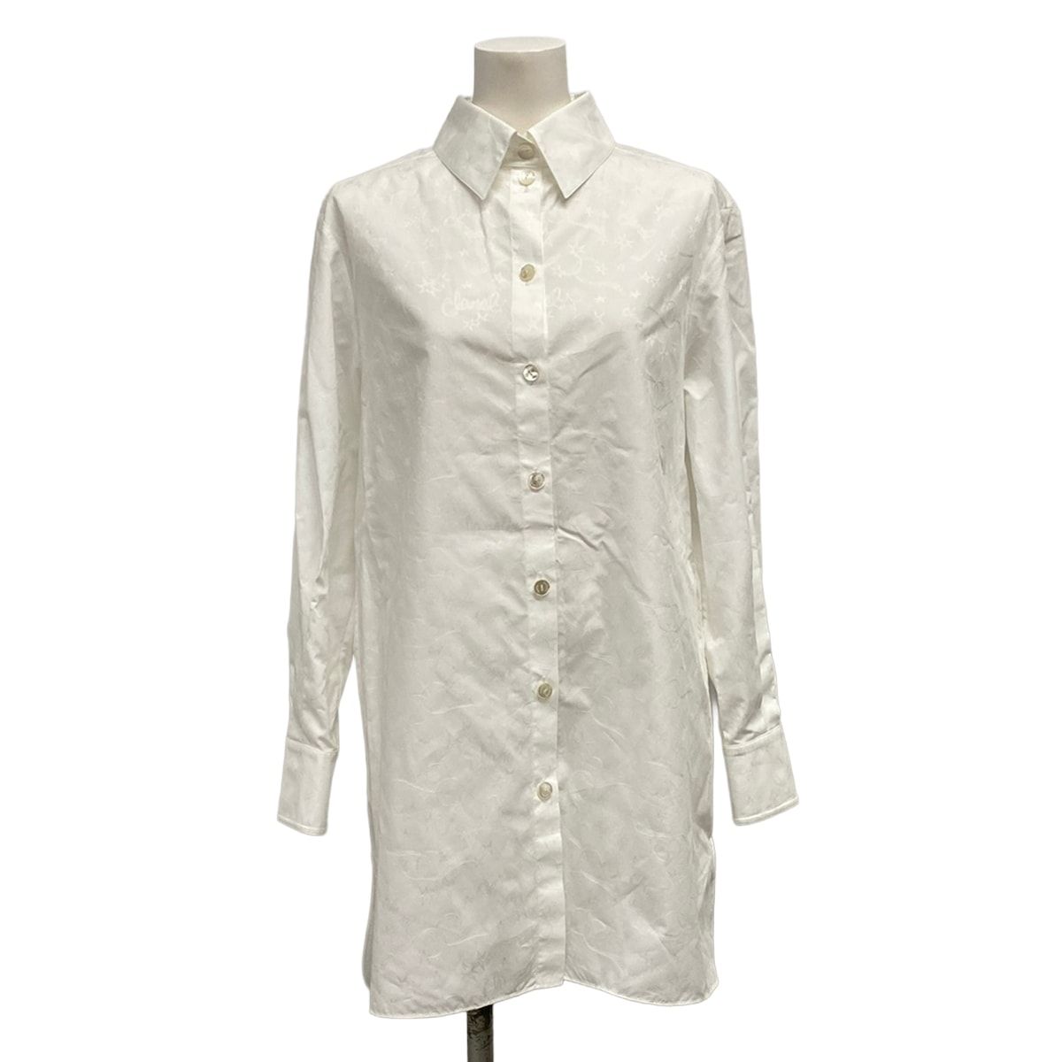 Chanel Long Sleeve Shirt Blouse S White Star CC Logo All Over Print Cotton