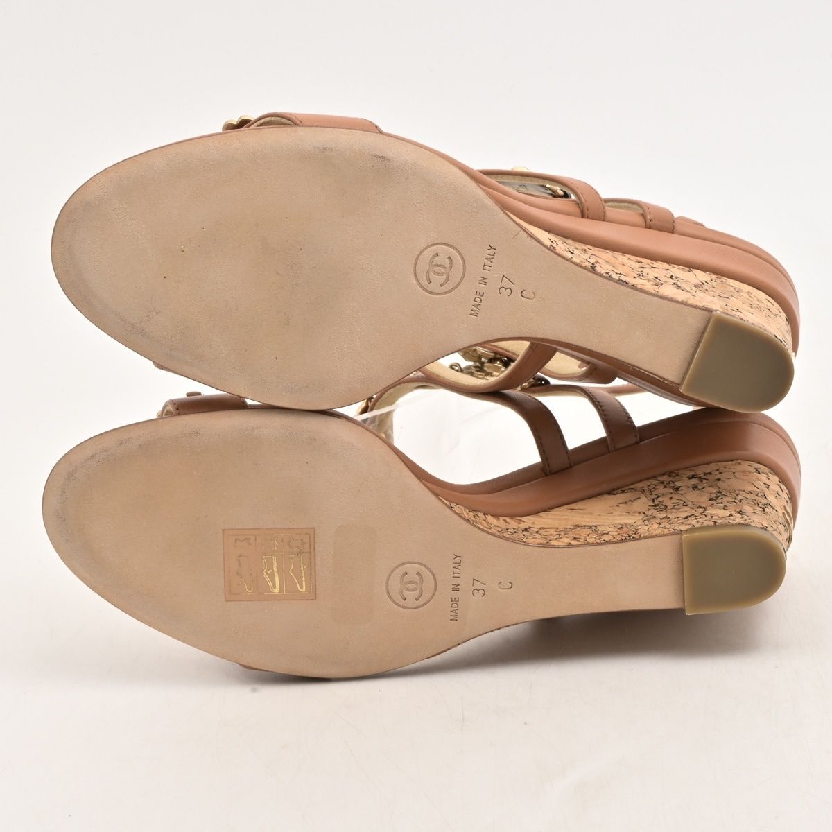 Chanel Sandals Light Brown Gold Camellia CC Logo Wedge Sole Leather — view 4