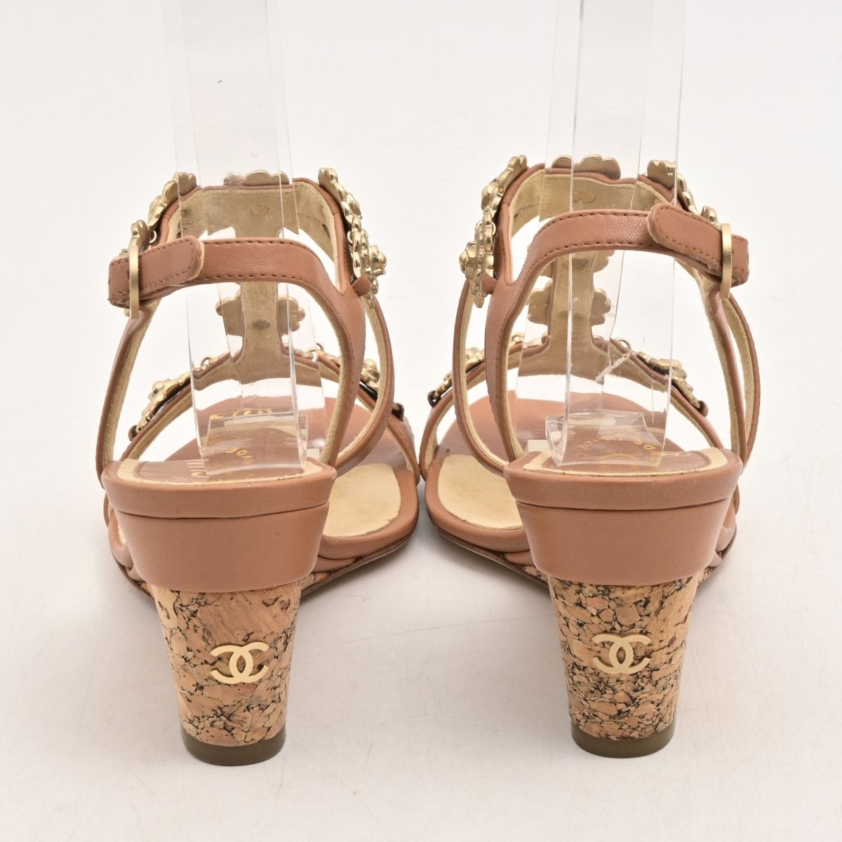 Chanel Sandals Light Brown Gold Camellia CC Logo Wedge Sole Leather — view 3