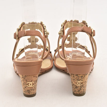 Chanel Sandals Light Brown Gold Camellia CC Logo Wedge Sole Leather — view 3