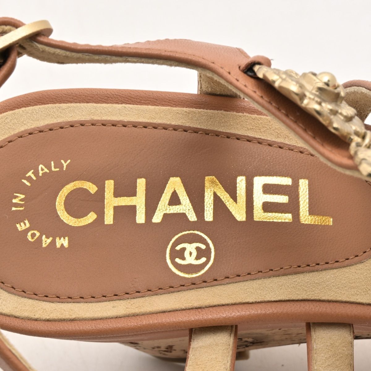 Chanel Sandals Light Brown Gold Camellia CC Logo Wedge Sole Leather — view 5