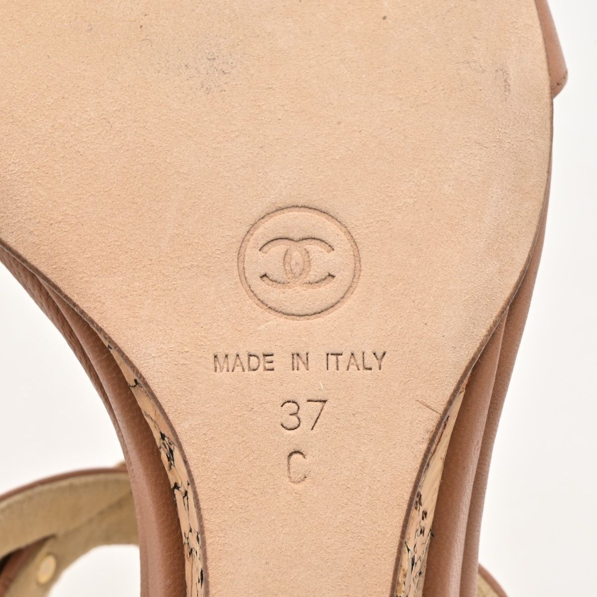 Chanel Sandals Light Brown Gold Camellia CC Logo Wedge Sole Leather — view 6