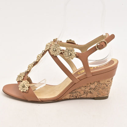 Chanel Sandals Light Brown Gold Camellia CC Logo Wedge Sole Leather