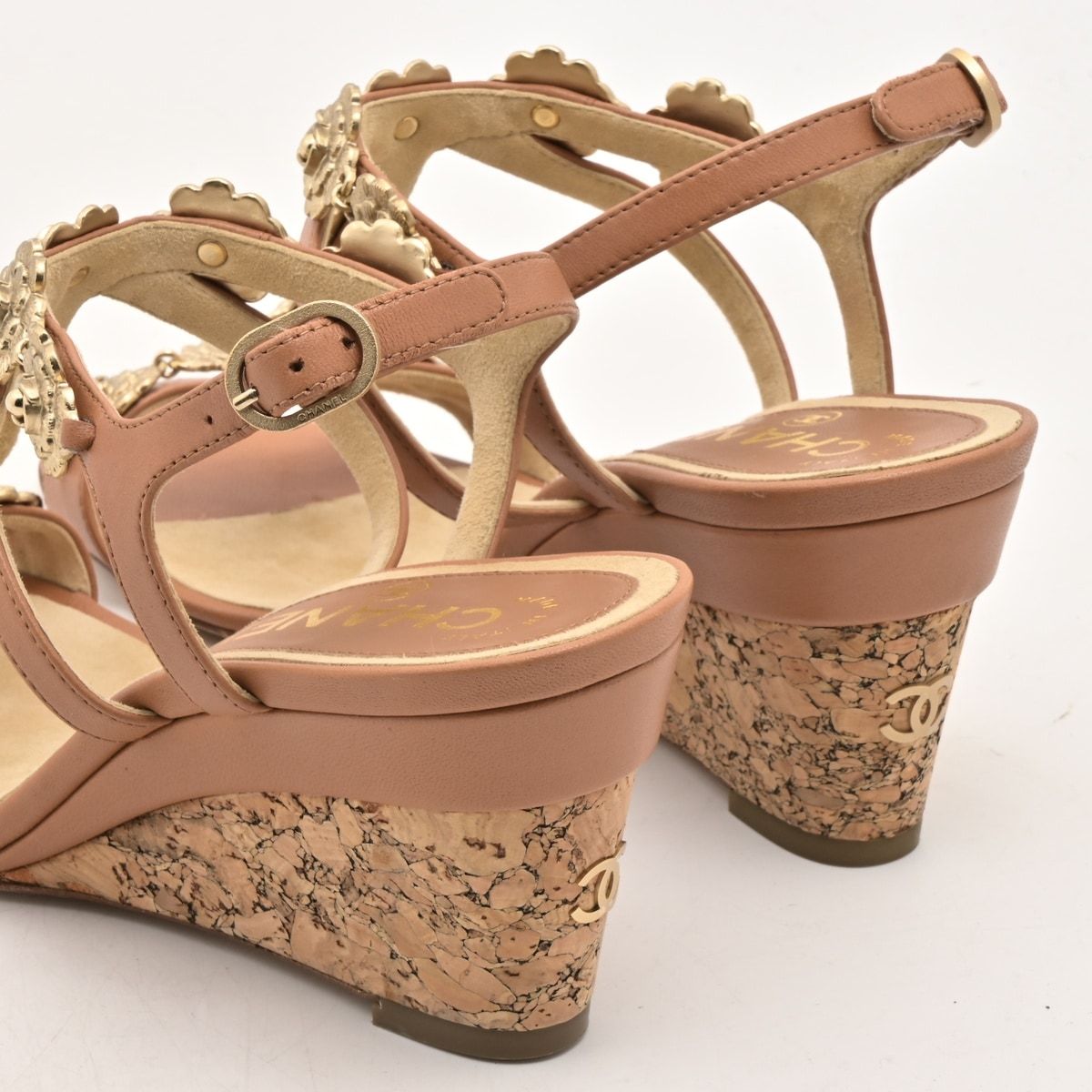 Chanel Sandals Light Brown Gold Camellia CC Logo Wedge Sole Leather — view 8