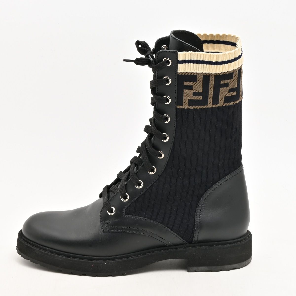 Fendi Boots Rococo Black Beige Brown Lace-up Leather