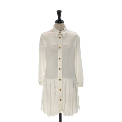 Louis Vuitton Gold Button Satin Pleated Shirt Dress White 36