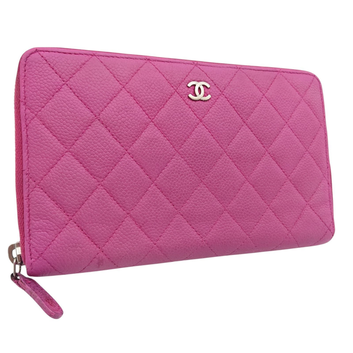Chanel Quilted Wallet Caviar Leather Pink CC Logo Zip Around