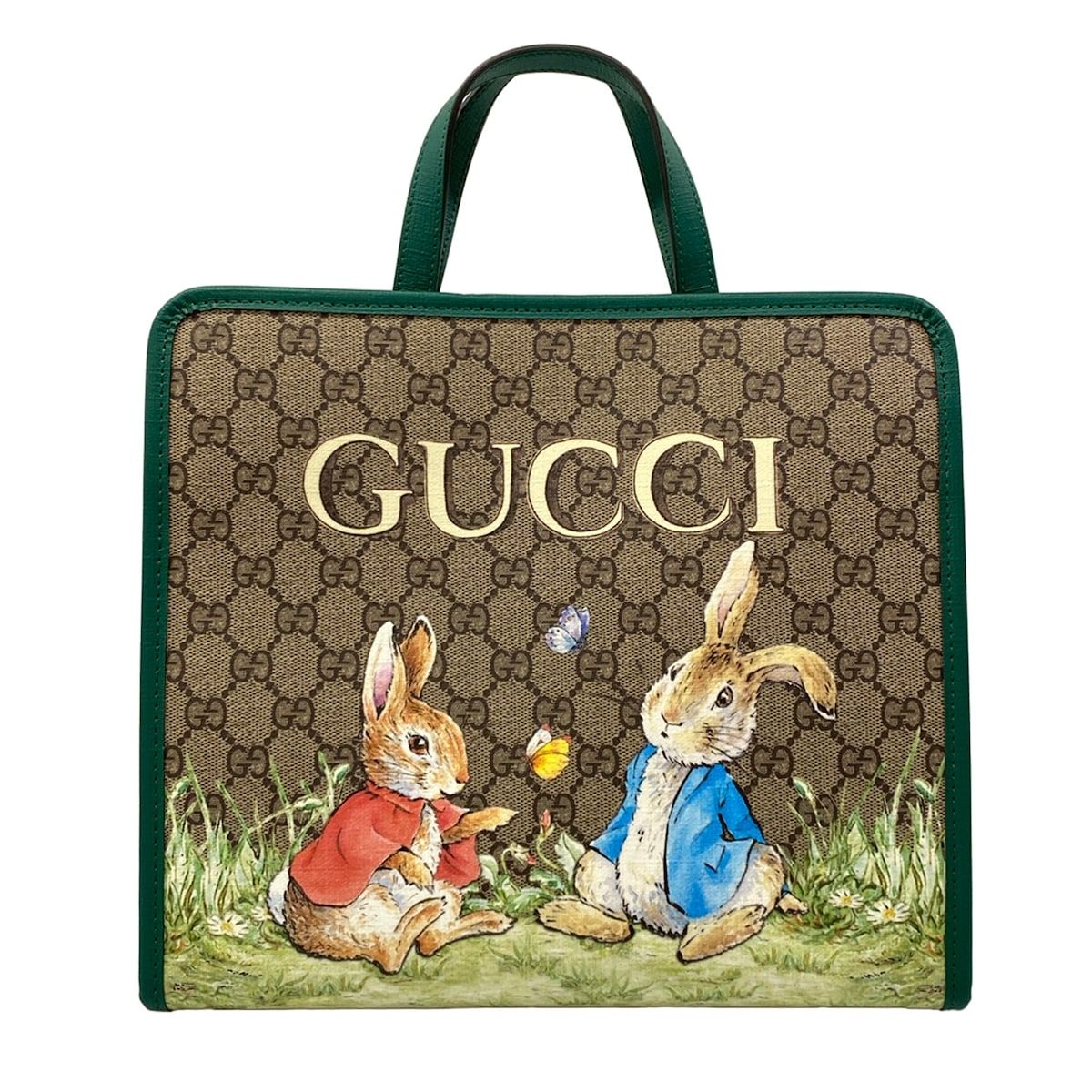 Gucci Tote Bag Children's GG Print Light Brown Green Multi Peter Rabbit Leather