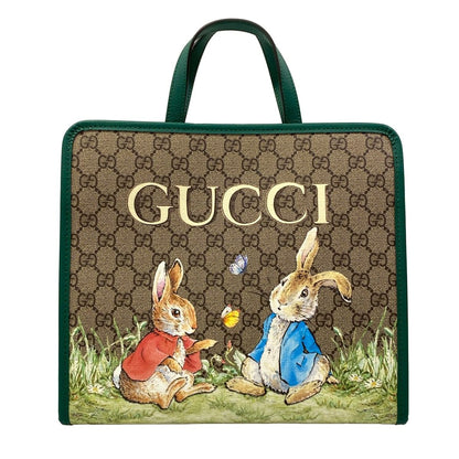 Gucci Tote Bag Children's GG Print Light Brown Green Multi Peter Rabbit Leather