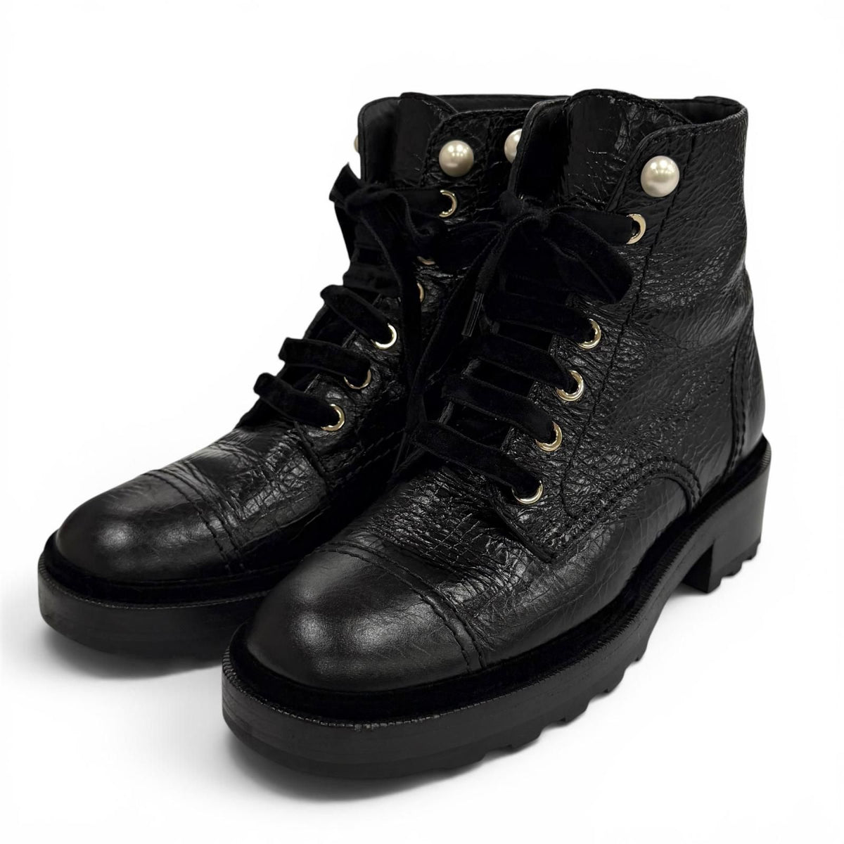 Chanel Faux Pearl with CC Logo Lace-up Leather Engineer Boots Black