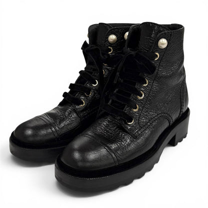 Chanel Faux Pearl with CC Logo Lace-up Leather Engineer Boots Black