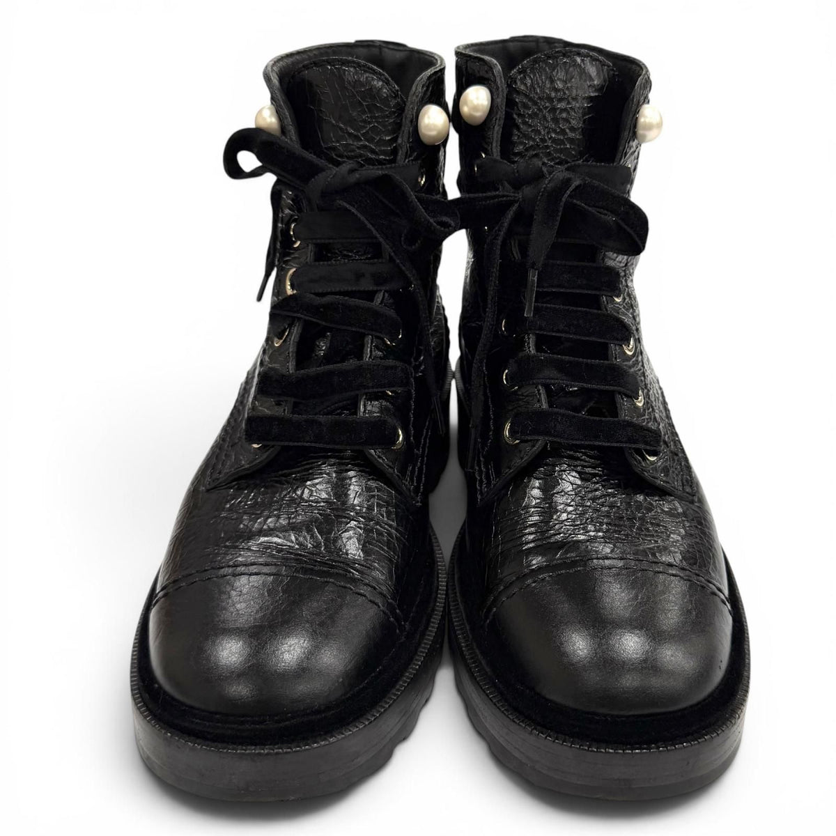 Chanel Faux Pearl with CC Logo Lace-up Leather Engineer Boots Black — view 3