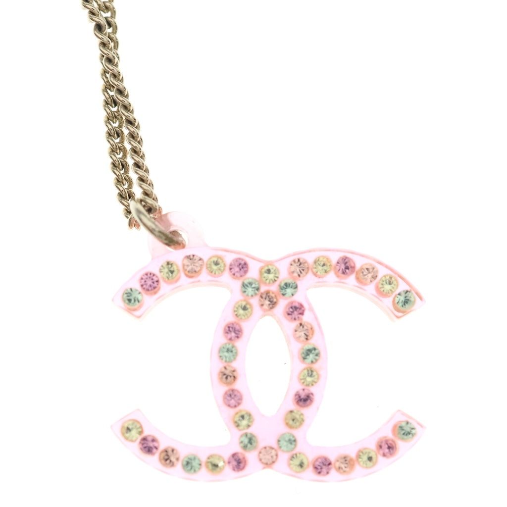 Chanel CC Logo Rhinestone Pendant Chain Pink Gold — view 3