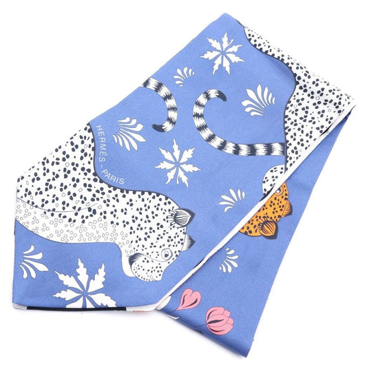 Hermes les Leopards Maxi Twilly Twill Up Scarf Blue