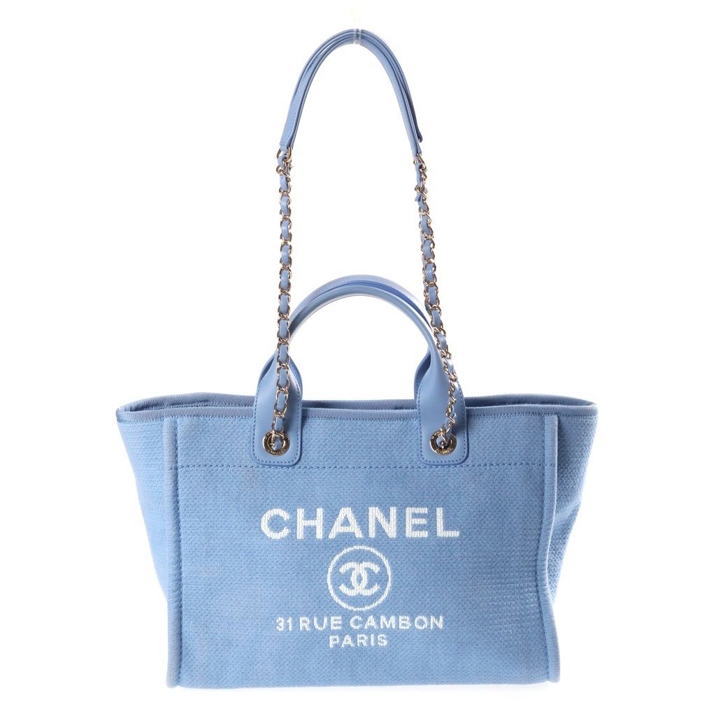 Chanel Deauville Small Shopping Bag Chain Handbag Blue Leather Canvas Plate Gold