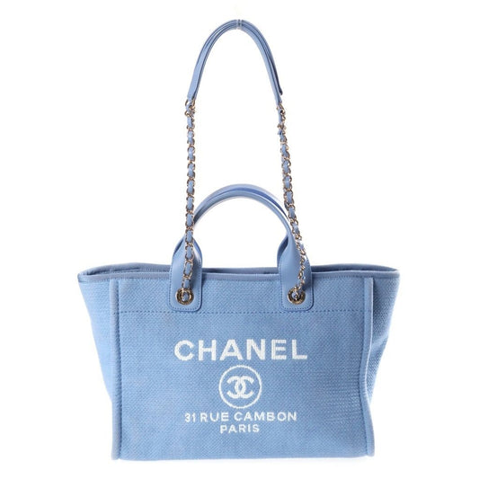 Chanel Deauville Small Shopping Bag Chain Handbag Blue Leather Canvas Plate Gold