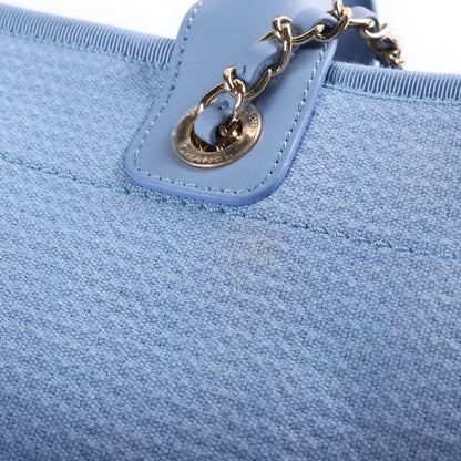 Chanel Deauville Small Shopping Bag Chain Handbag Blue Leather Canvas Plate Gold — view 6
