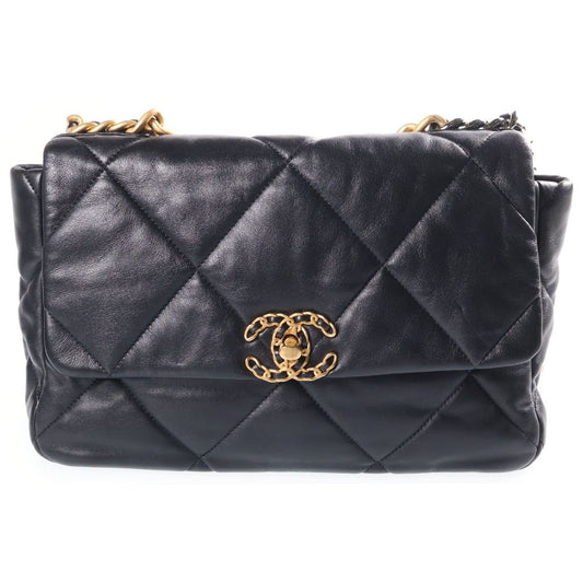 Chanel 19 Chain Shoulder Bag Black Lambskin Plate Gold Silver