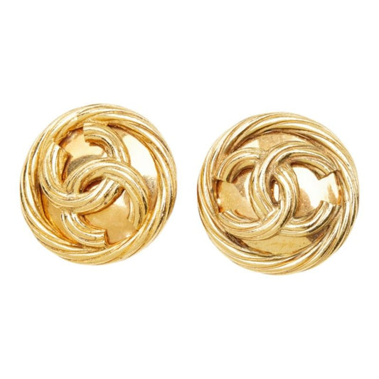 Chanel CC Logo Vintage Earrings Ear Clip 93P Round Gold Plated