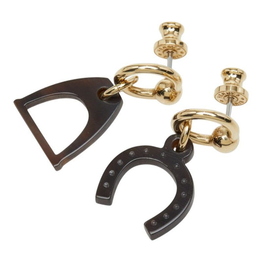 Hermes Amulette Equestre Horseshoe Stirrup Swing Stud Earrings Gold Brown