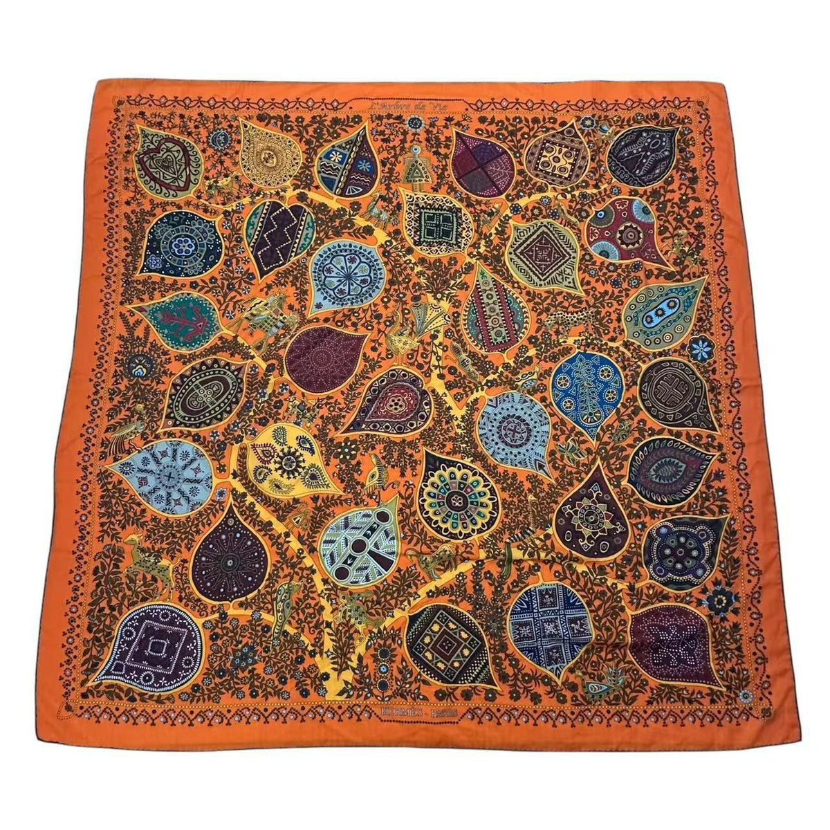 Hermes Scarf Shawl Cashmere Carre 140 L'arbre de Vie Tree of Life Orange — view 2