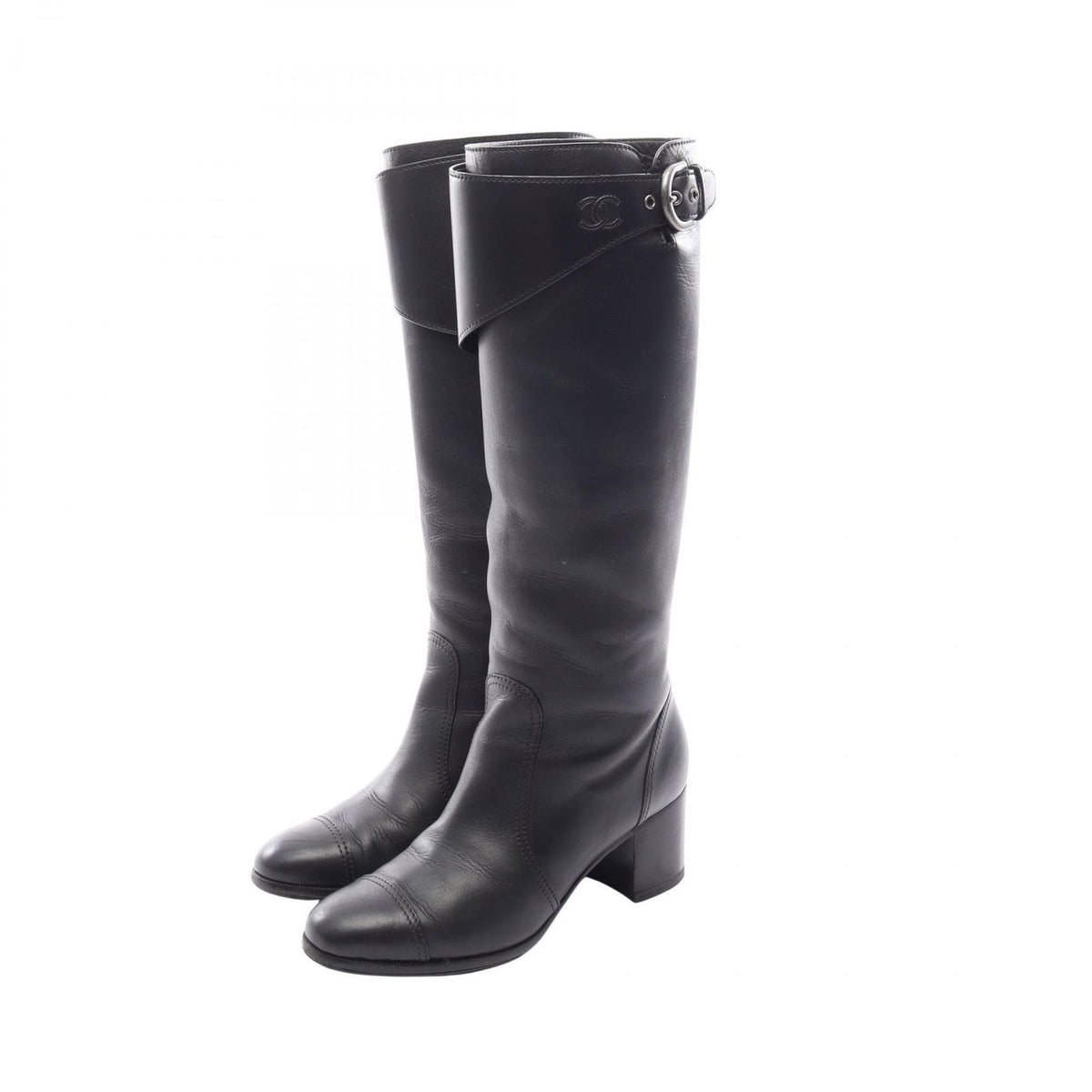 Chanel Boots CC Logo Long Black Leather