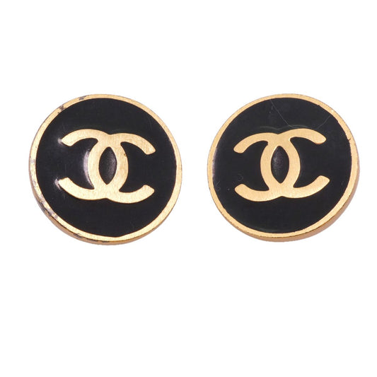 Chanel Earrings Vintage CC Logo Round Circle Gold Plated Black