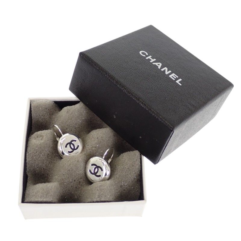 Chanel CC Logo Vintage Hook Earrings Metal Silver Black