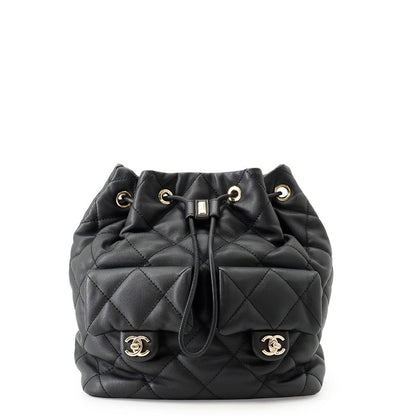 Chanel Backpack CC Logo Quilted Drawstring Double Pocket Calfskin Black