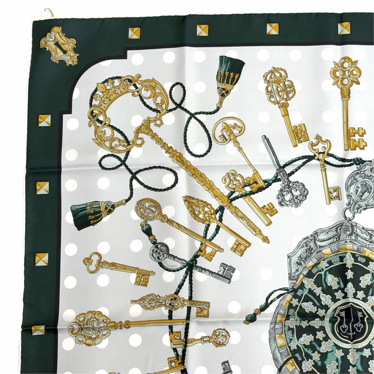 Hermes les Cles Silk 100% Vert Sapin Gray Perlee Vieille Carre 90 Double Face — view 3