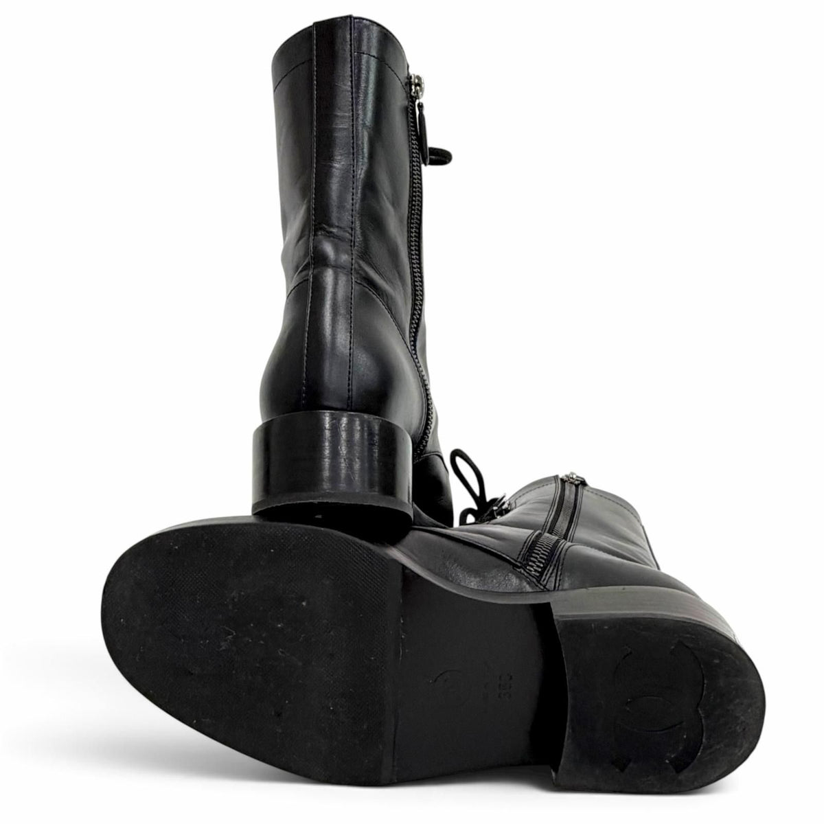 Chanel Leather CC Logo Stitch Side Zip Lace-up Short Boots Black — view 5