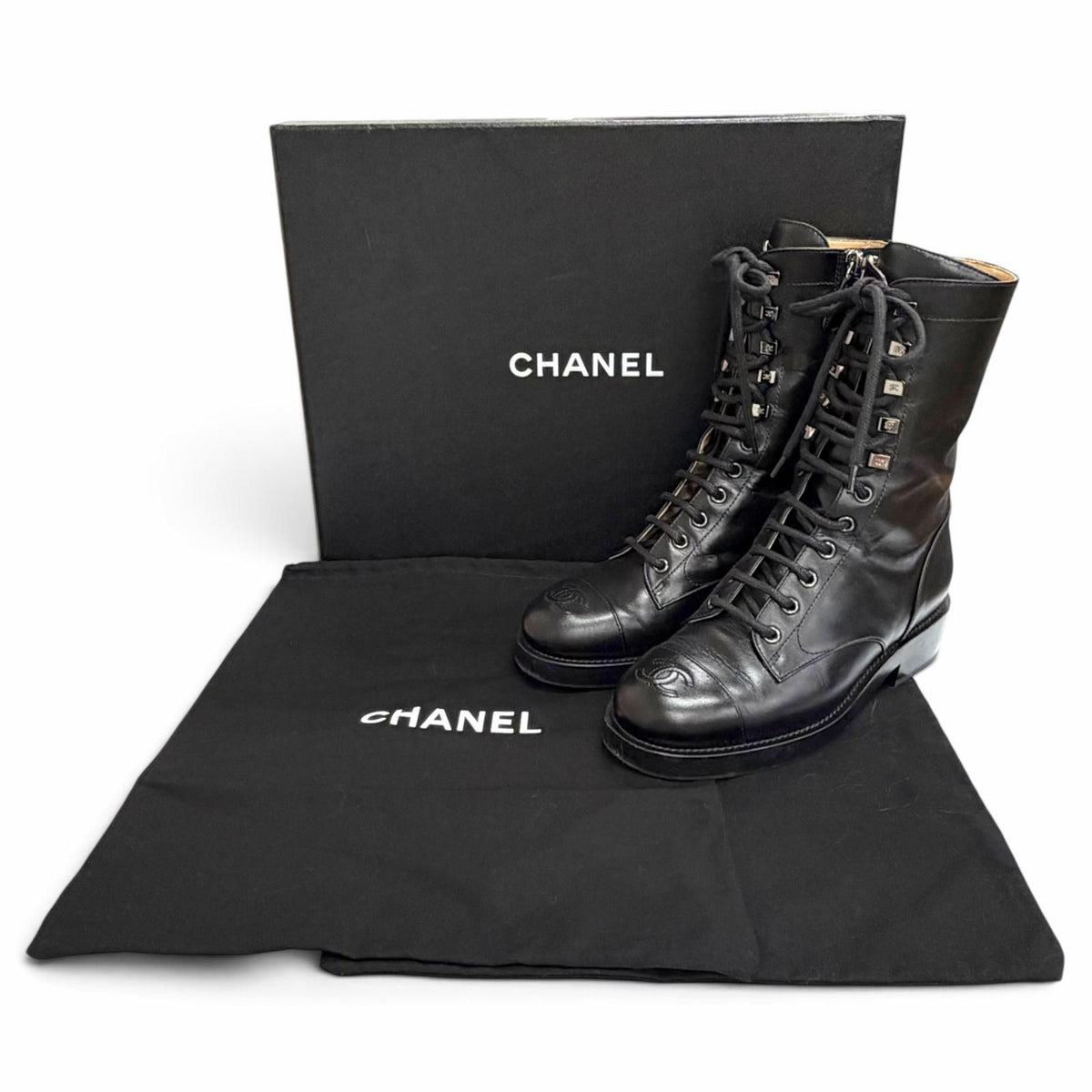 Chanel Leather CC Logo Stitch Side Zip Lace-up Short Boots Black — view 2