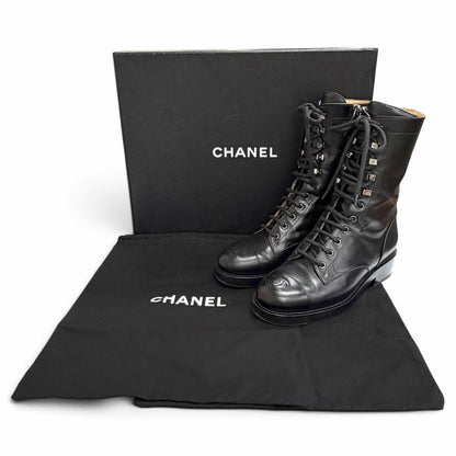 Chanel Leather CC Logo Stitch Side Zip Lace-up Short Boots Black — view 2