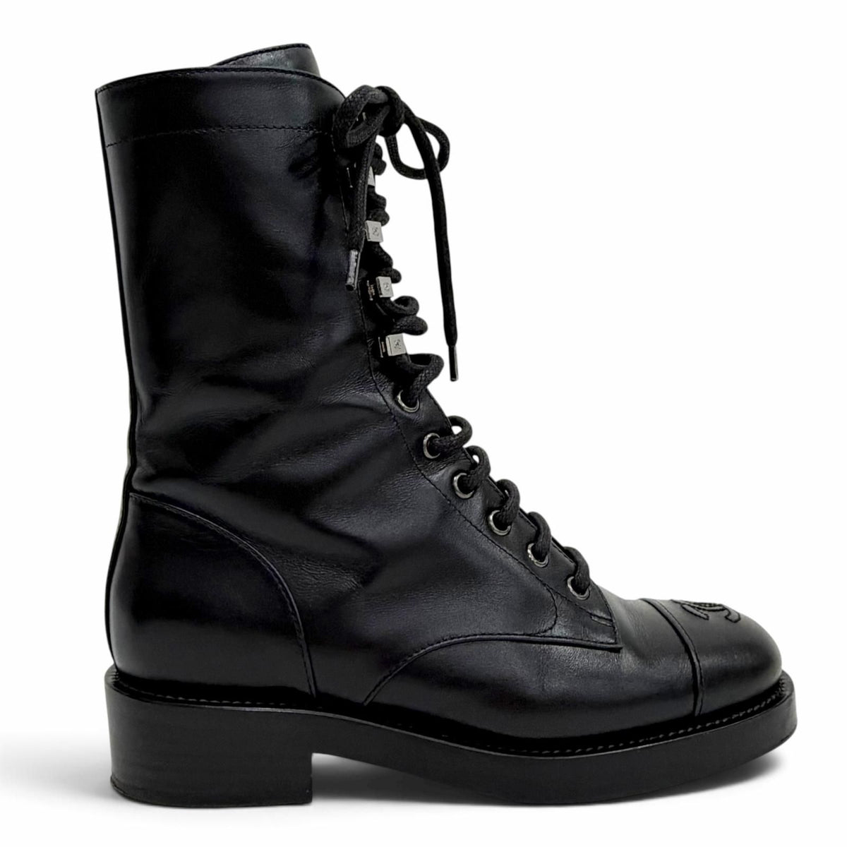 Chanel Leather CC Logo Stitch Side Zip Lace-up Short Boots Black — view 7