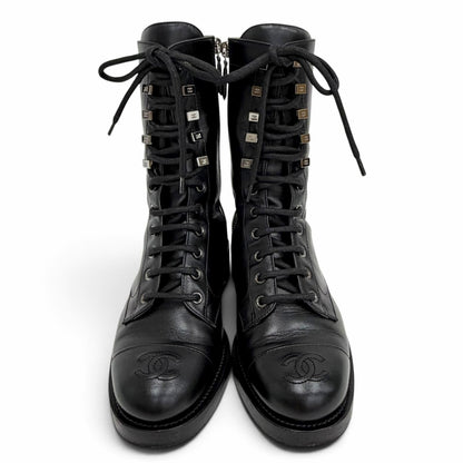 Chanel Leather CC Logo Stitch Side Zip Lace-up Short Boots Black — view 3