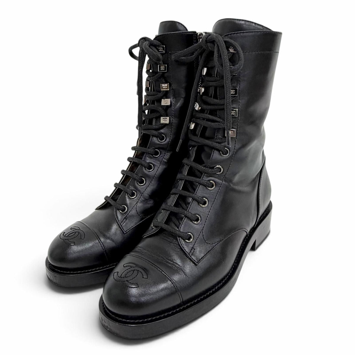 Chanel Leather CC Logo Stitch Side Zip Lace-up Short Boots Black