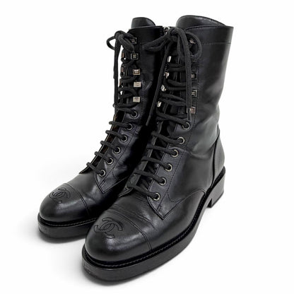 Chanel Leather CC Logo Stitch Side Zip Lace-up Short Boots Black