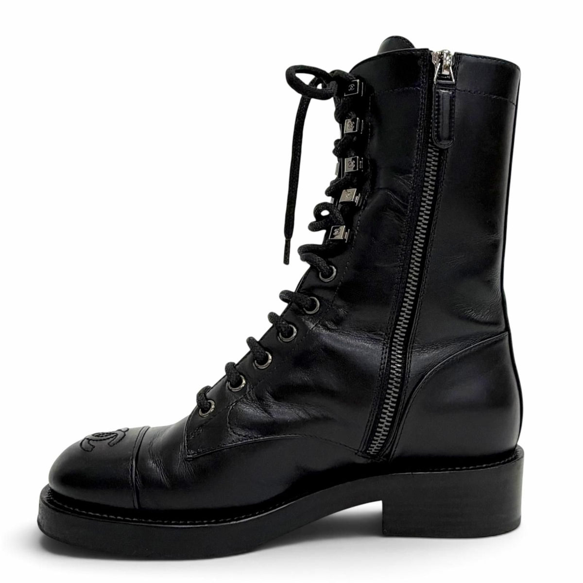 Chanel Leather CC Logo Stitch Side Zip Lace-up Short Boots Black — view 6
