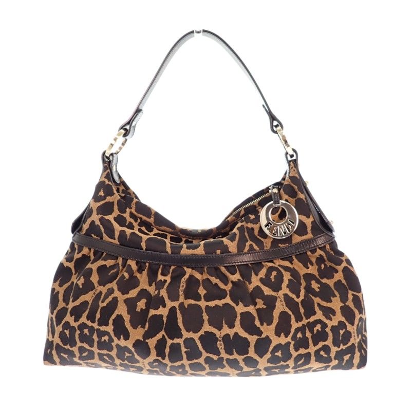 Fendi Leopard Print Shoulder Bag Canvas Leather Brown Black Gold
