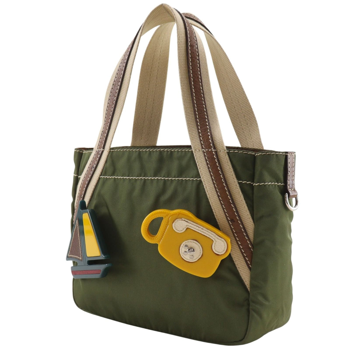 Prada Mini Tote Nylon Khaki Handbag with Brooch — view 2