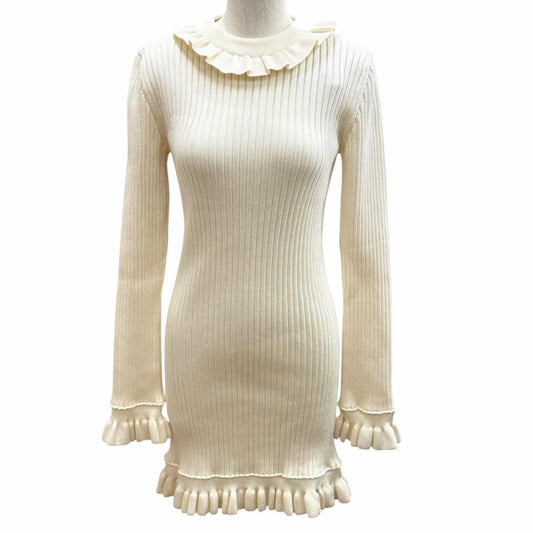 Louis Vuitton Wool Blend Ruffle Design Rib Knit Dress Ivory