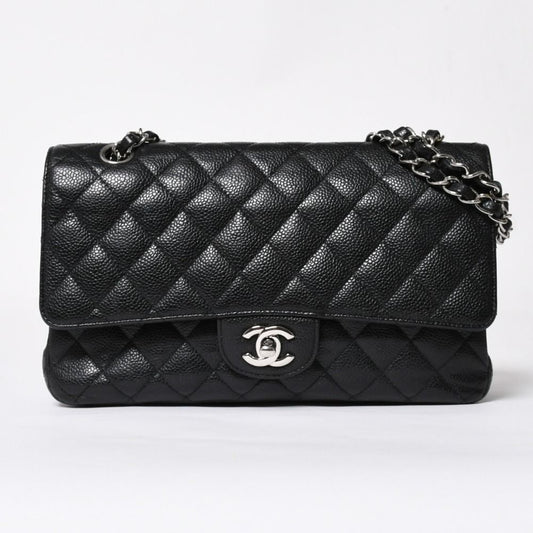 Chanel Quilted 25 Double Flap Chain Shoulder Bag CC Logo Caviar Leather Black