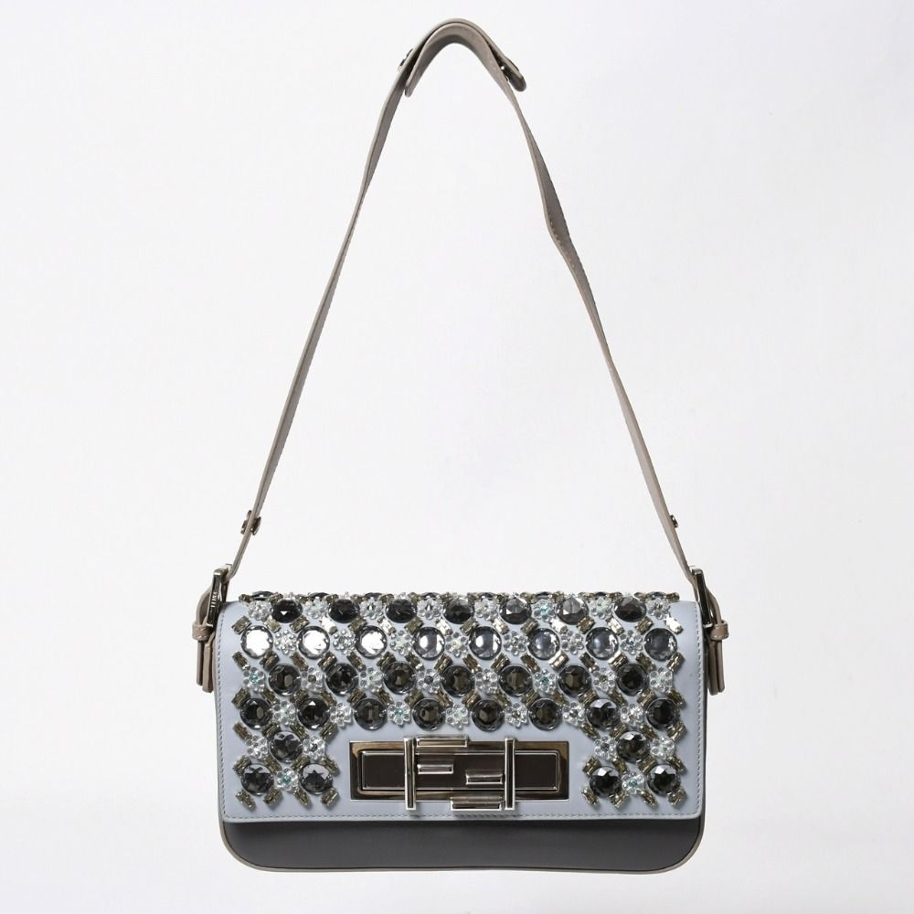 Fendi Shoulder Bag Bucket Bijou Rhinestone Leather Gray Silver