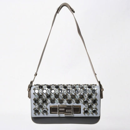 Fendi Shoulder Bag Bucket Bijou Rhinestone Leather Gray Silver