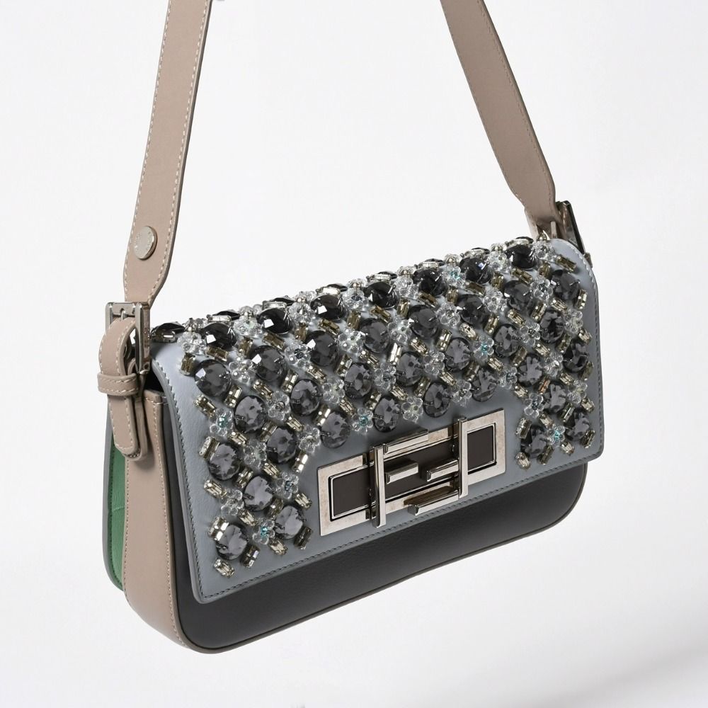 Fendi Shoulder Bag Bucket Bijou Rhinestone Leather Gray Silver — view 3