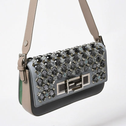 Fendi Shoulder Bag Bucket Bijou Rhinestone Leather Gray Silver — view 3