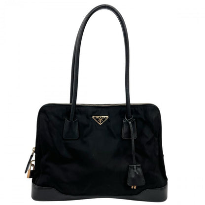 Prada Handbag Tessuto Triangle Logo Shoulder Nylon Leather Black Gold