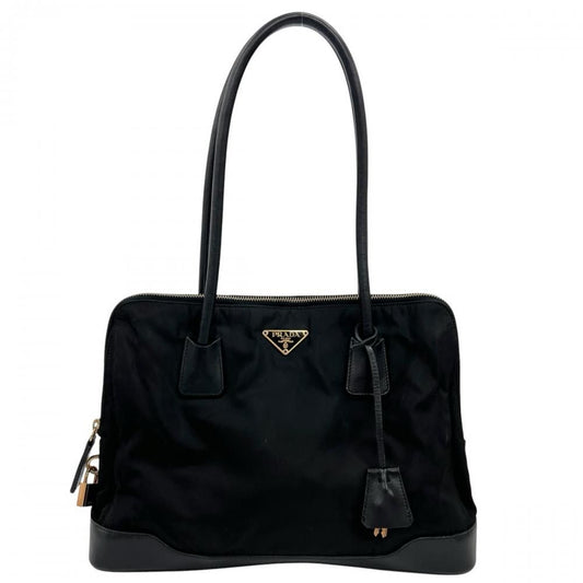 Prada Handbag Tessuto Triangle Logo Shoulder Nylon Leather Black Gold
