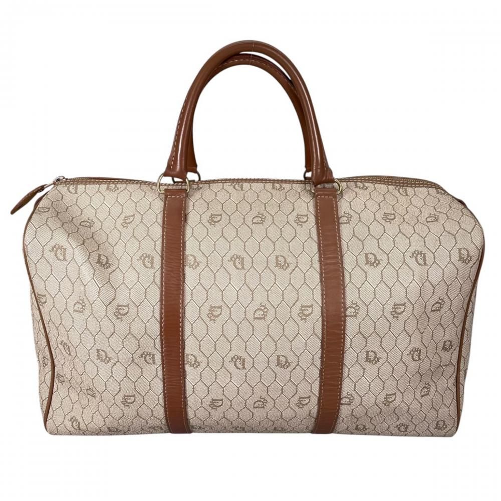 Dior Boston Bag Vintage Honeycomb Pattern Leather Beige Gold